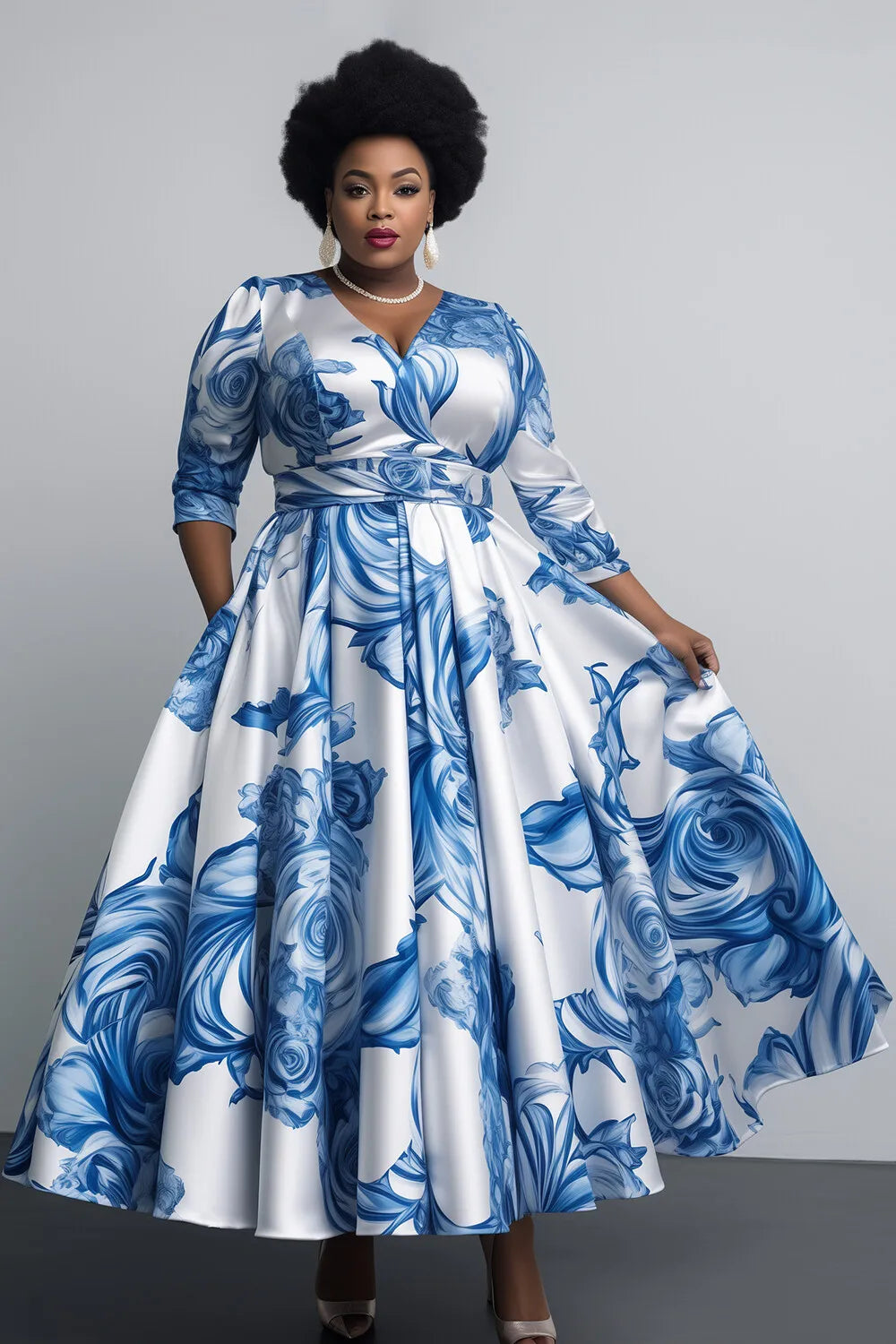 FZ Women's Plus Size Floral V Neck Long Sleeve Pleated Pocket Satin Maxi Dress