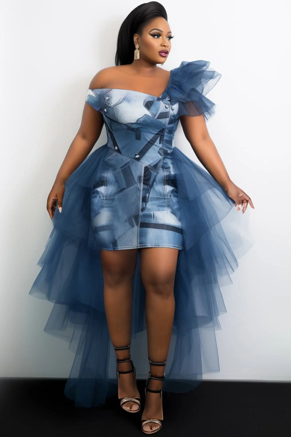 FZ Women's Plus Size Denim Print Asymmetrical Collar High Low Hem Mini Dress