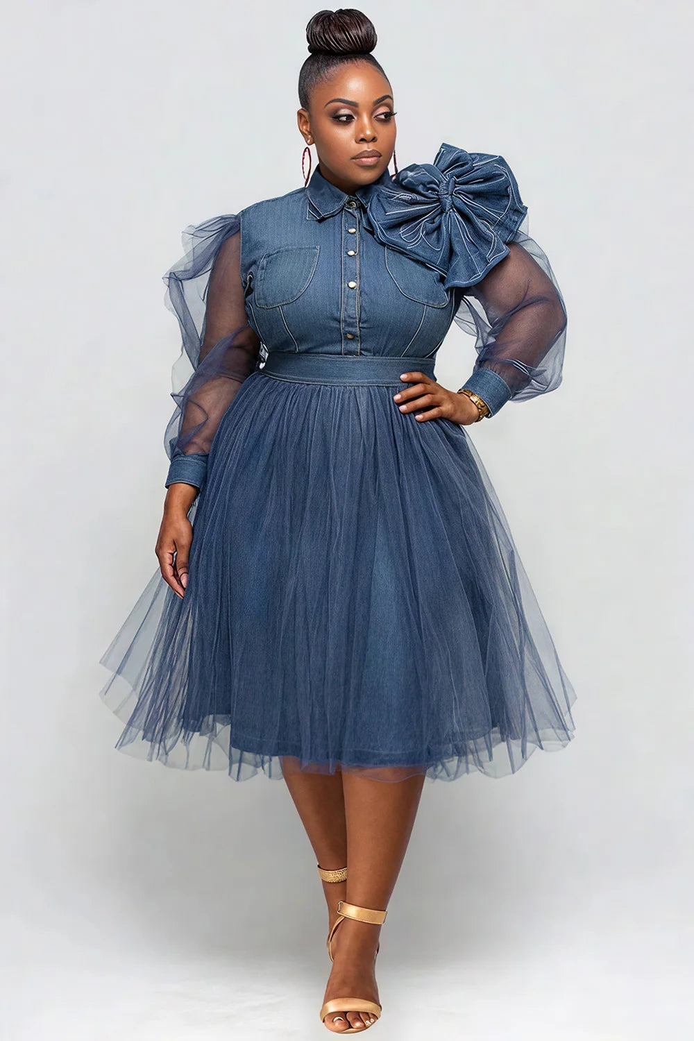 FZ Women's Plus Size Tulle Blue Long Sleeve 3D See Through Denim Midi Dress