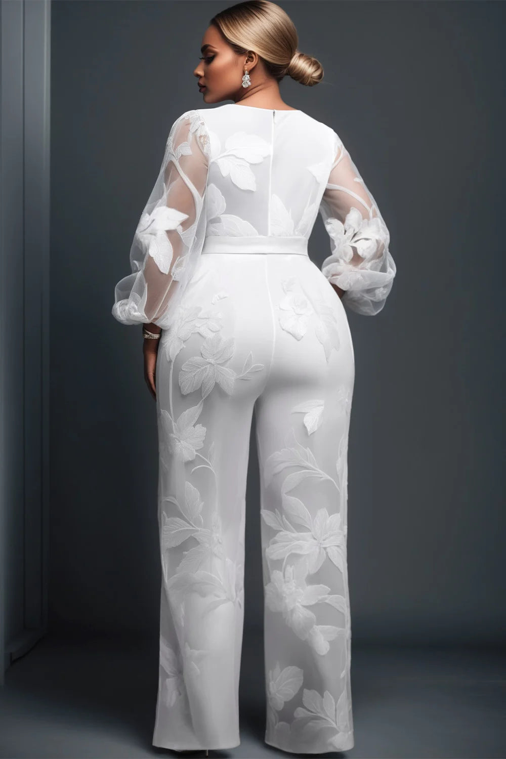 FZ Women's Plus Size V Neck Long Sleeve See Through Jumpsuit