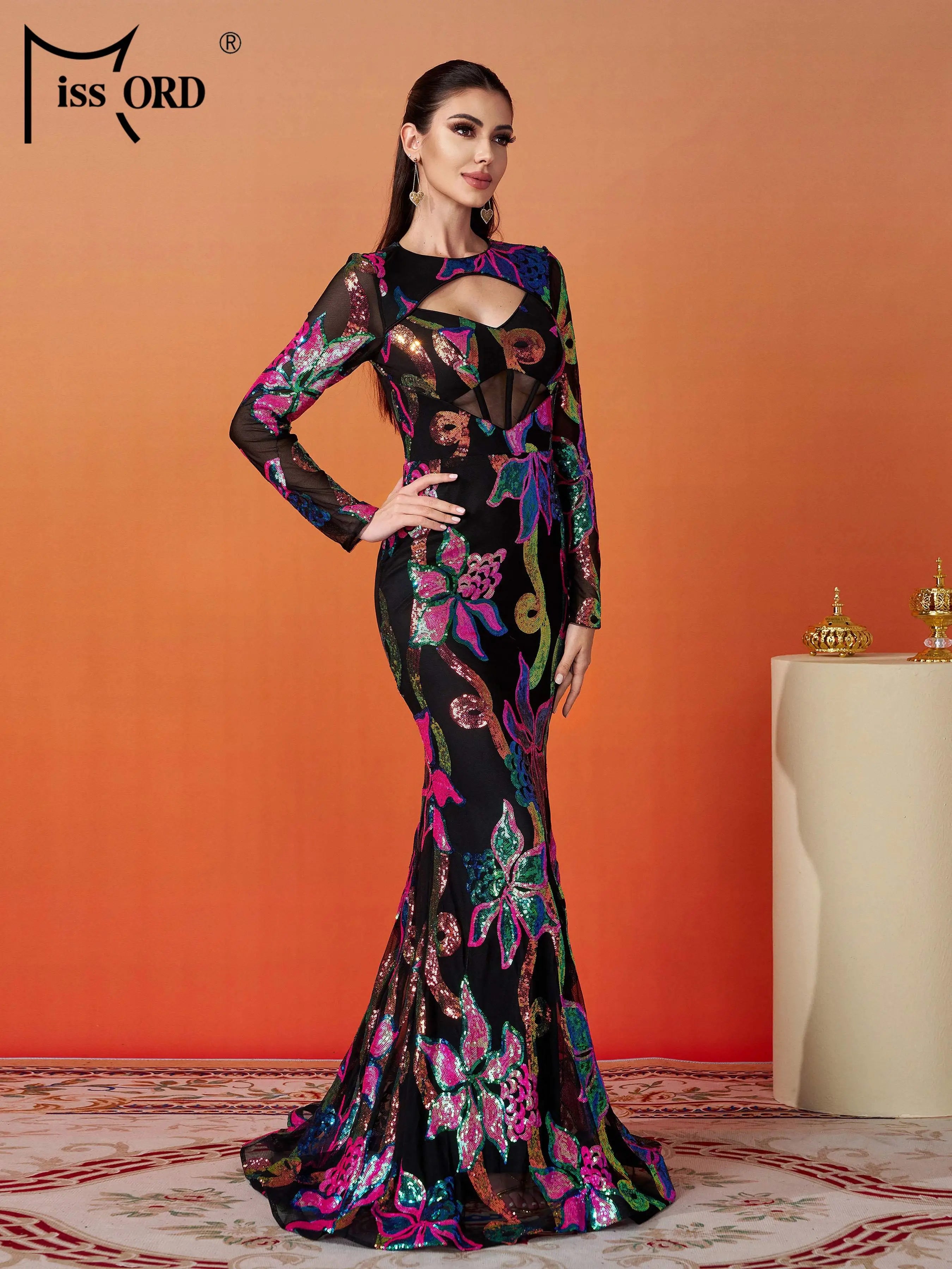 FZ Women's Floral Round Neck Long Sleeved Sequin Mermaid Evening Dress