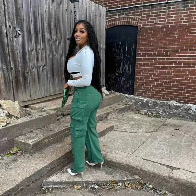 FZ Women's High Waist Loose Straight Denim Cargo Pants - FZwear