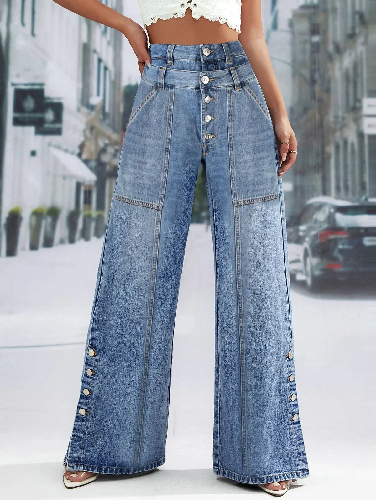 FZ Women's Plus Size Spliced Button Straight Wide Leg High Waist Vintage Denim Pants DSers