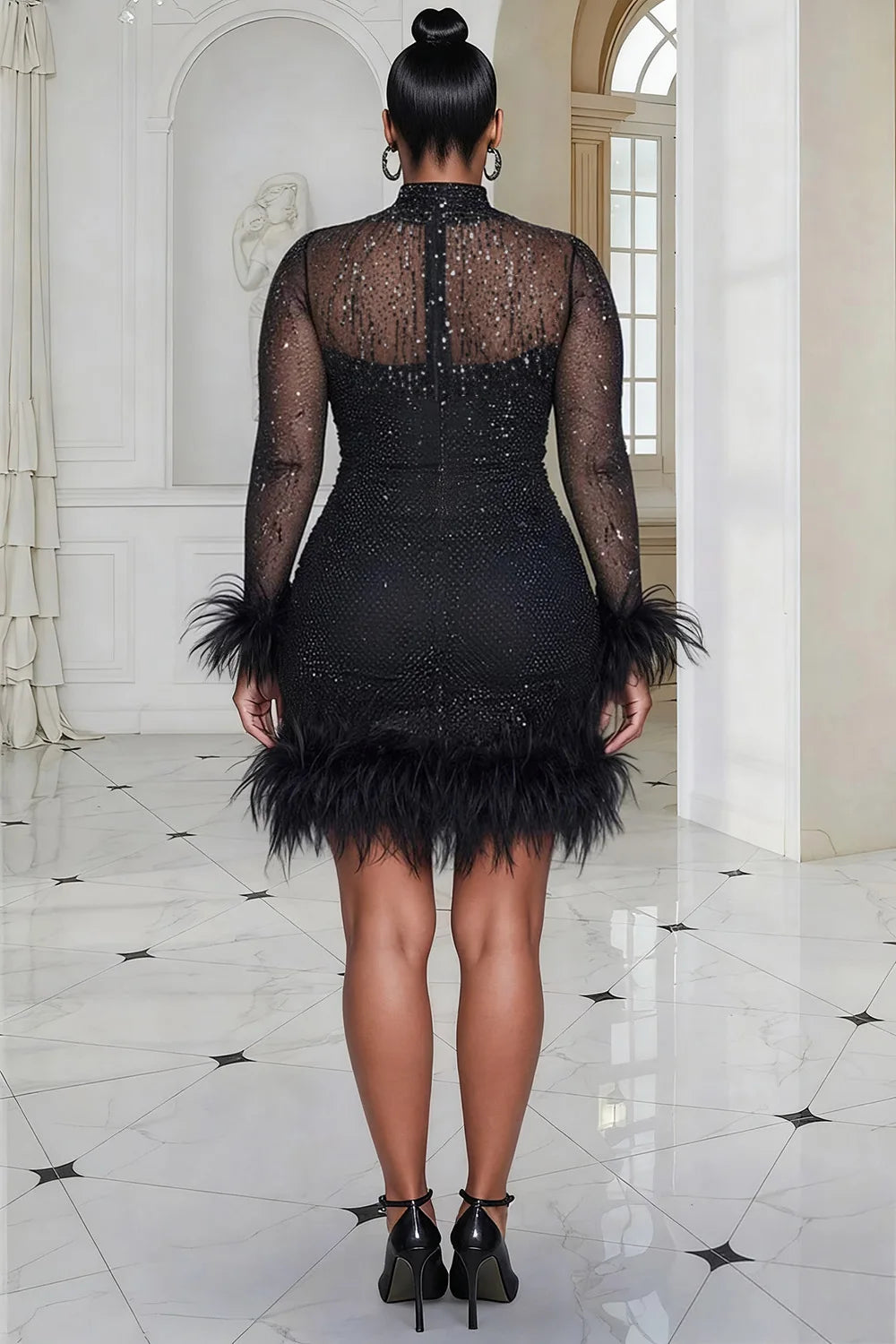 FZ Women's Plus Size Sequin Black Mock Neck Long Sleeve Mesh Mini Dress