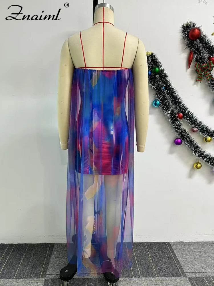 FZ Women's Tie Dye Print Off Shoulder Wrapped Chest Mesh See Through Dress