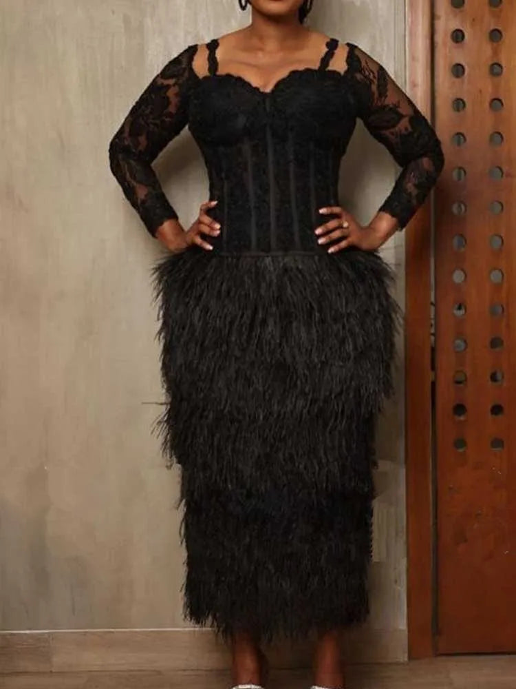 FZ Women's Long Lace Sleeves Strapless with Tassels Dress