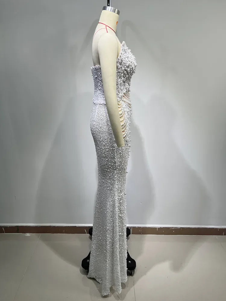 FZ Women's Luxury Sexy Strapless Backless Pearl Sequins Maxi Evening Dress - FZwear