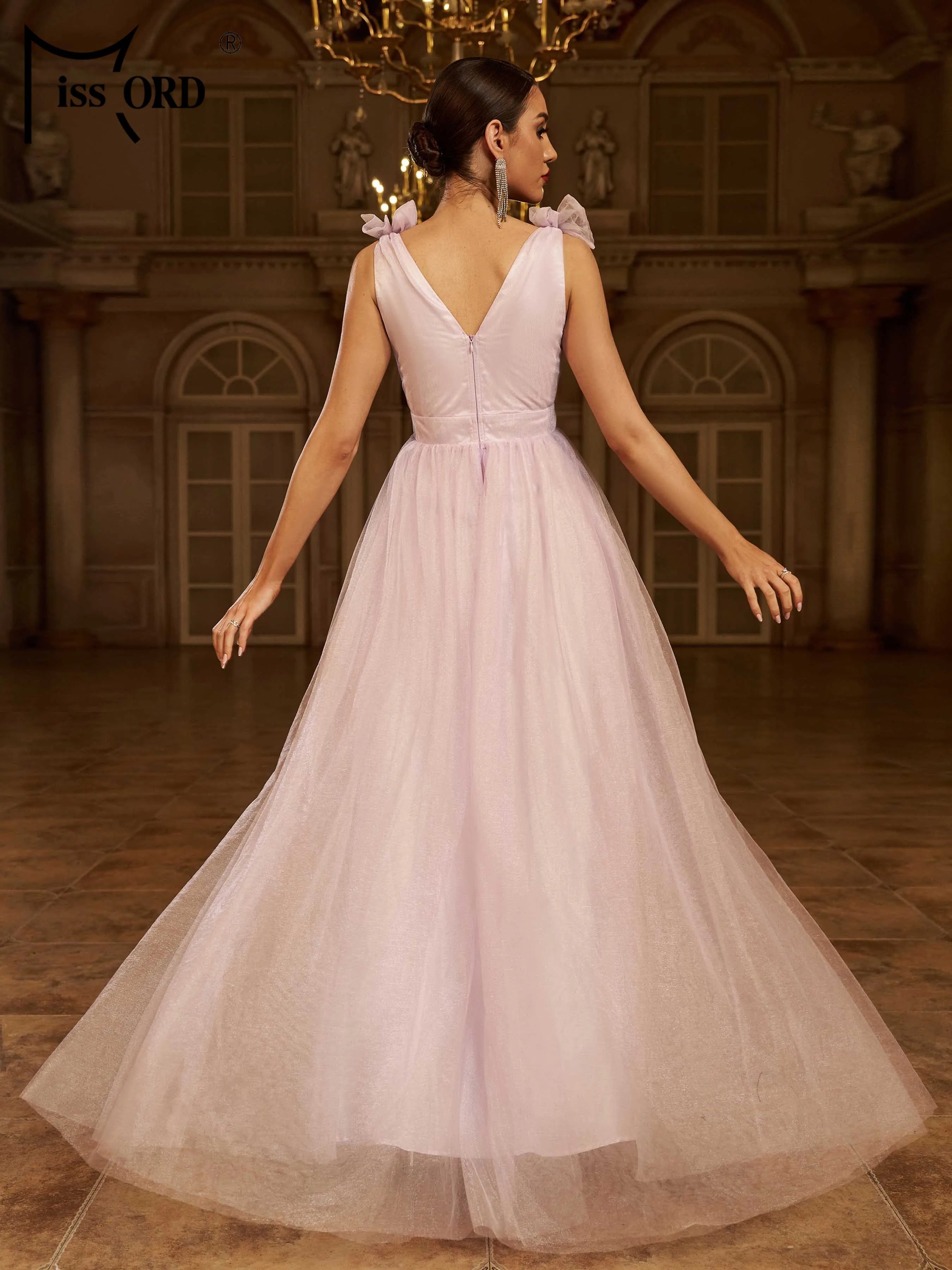 FZ Women's V Neck A Line Tulle Perform Maxi Prom Dress