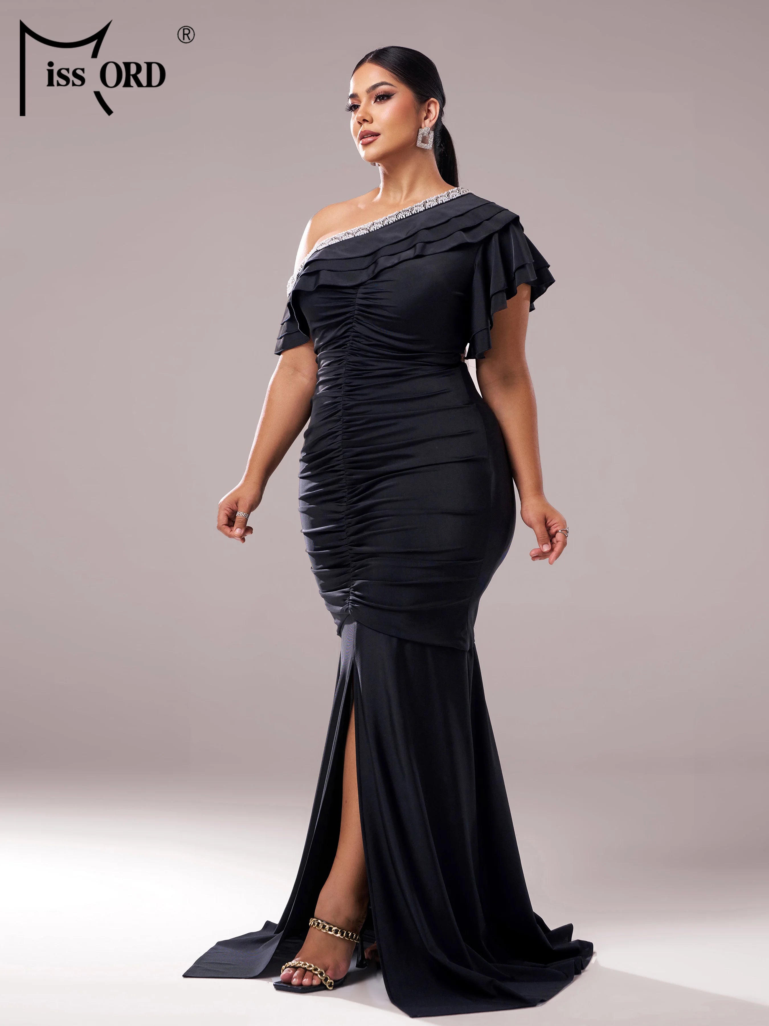FZ Women's Plus Size One Shoulder Ruched Maxi Evening Dress