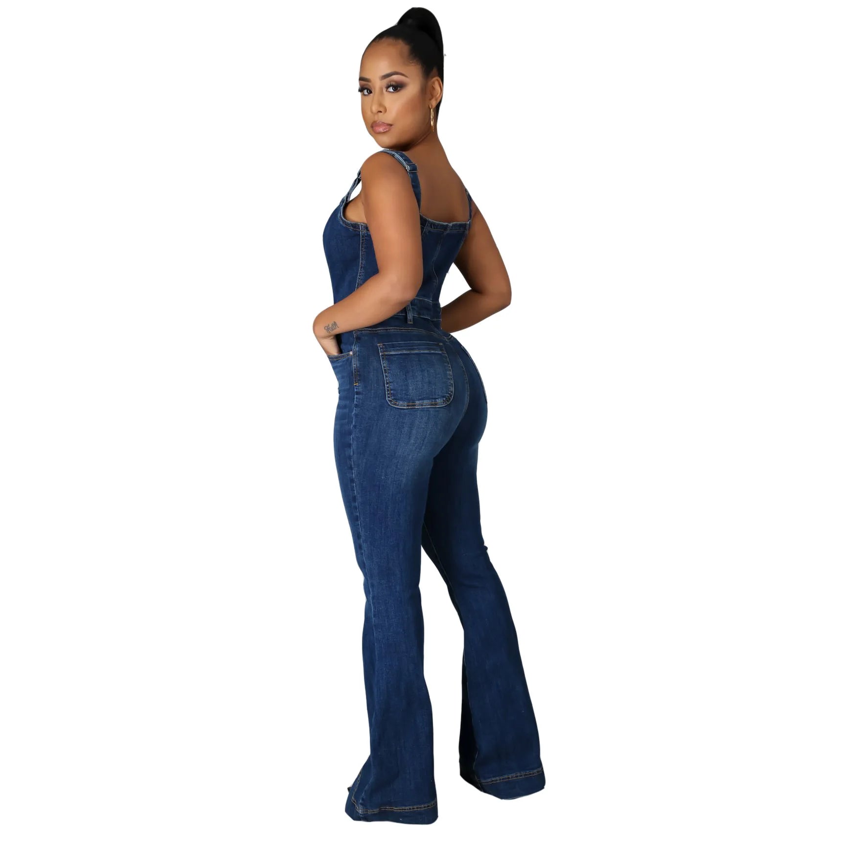 FZ Women's Sexy Retro Sleeveless Straight Denim Wide Leg Pants Jumpsuit - FZwear
