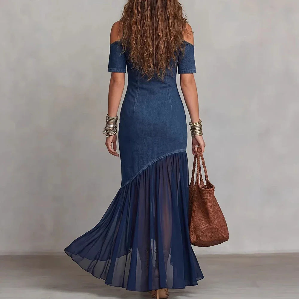 FZ Women's Vintage Patchwork Off Shoulder High Street Fishtail Denim Dress