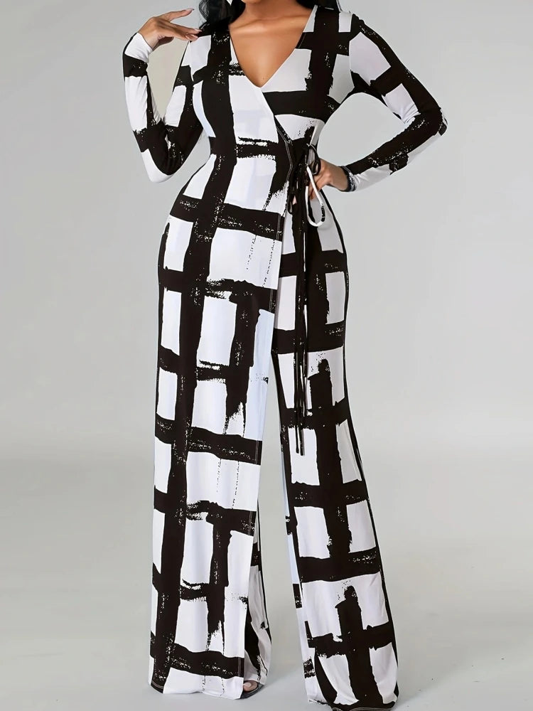 FZ Women's Print Stripe Bandage Loose Fashion Wide Leg Jumpsuit - FZwear