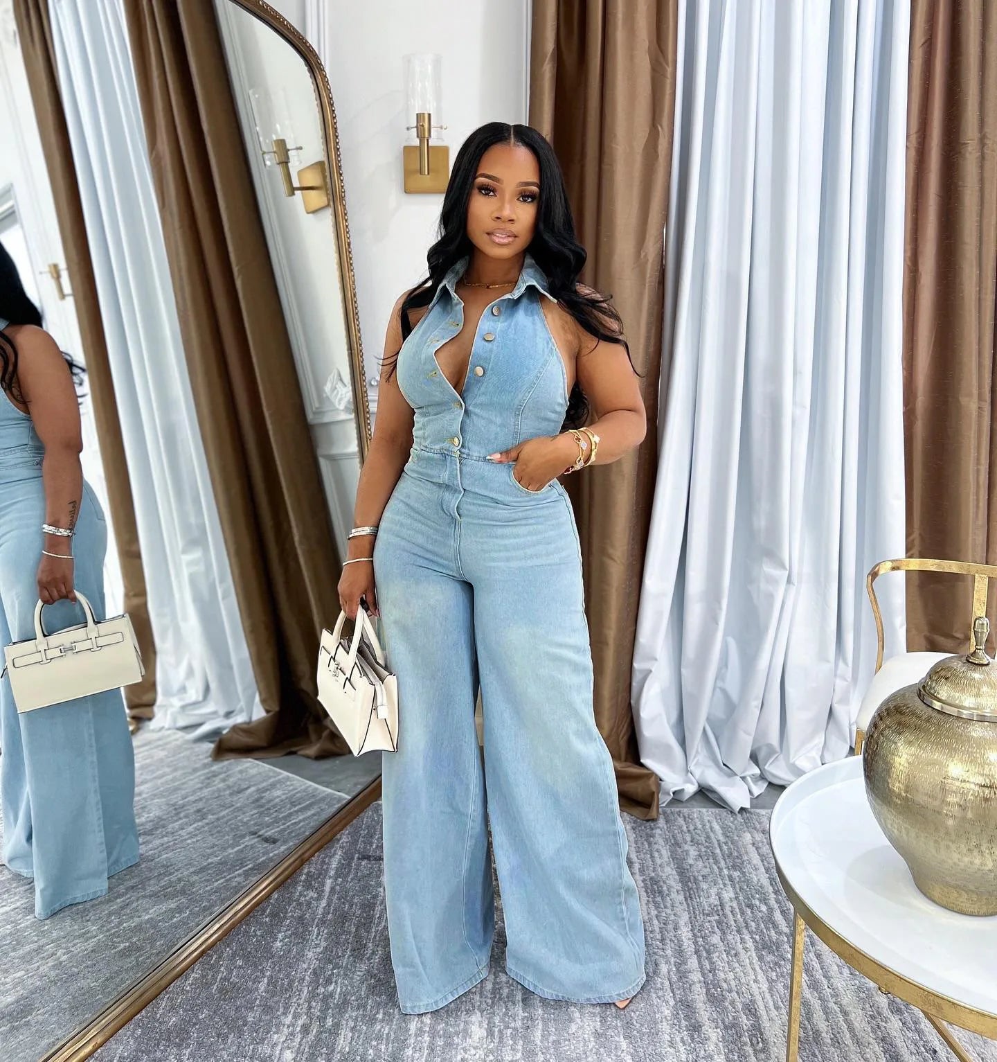 FZ Women's Sleeveless Single Breasted Wide Leg  Denim Jumpsuit