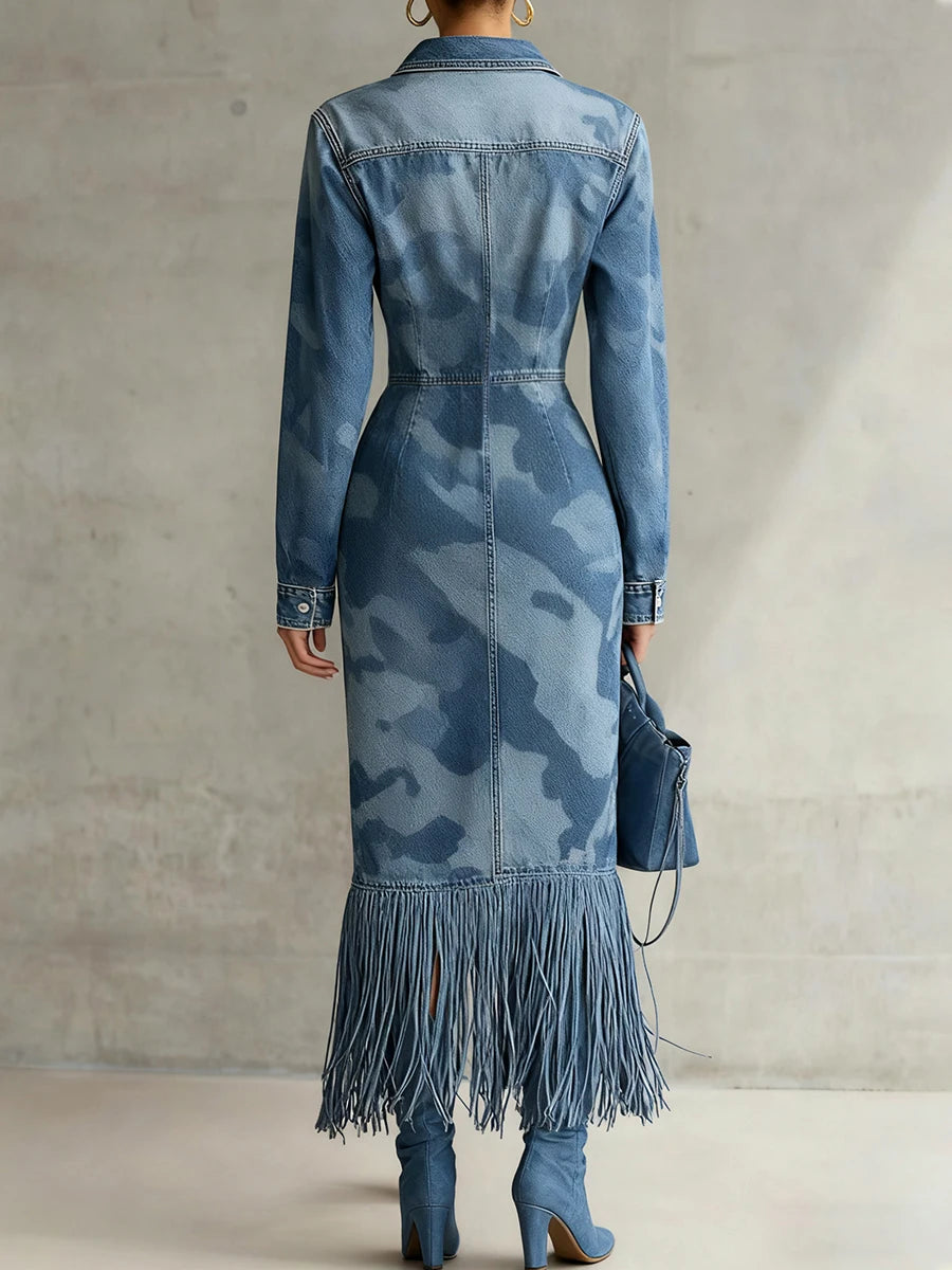 FZ Women's Vintage Blue Camo Denim Print Midi Dress