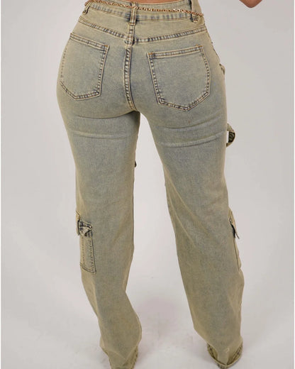 FZ Women's Retro Denim High Waisted Button Zipper Pants