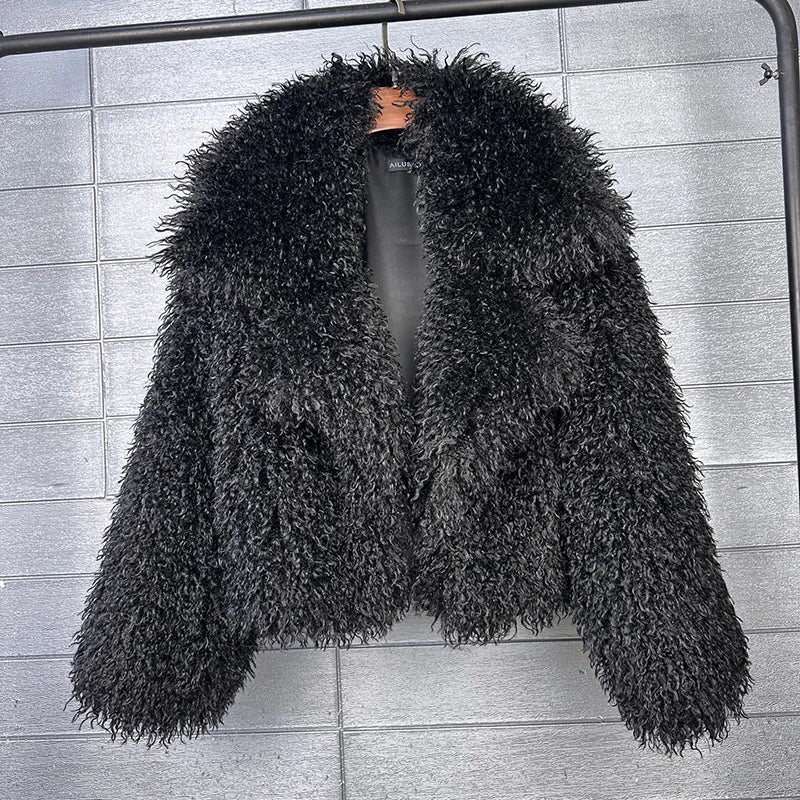 FZ Women's Notched Collar Fuzzy Faux Fur Short Coat Jacket