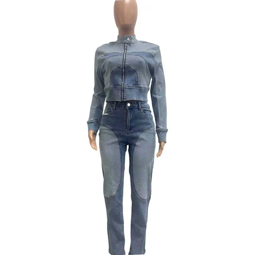 FZ Women's Two Tone Streetwear Washed 2 Piece Denim Pants Suit