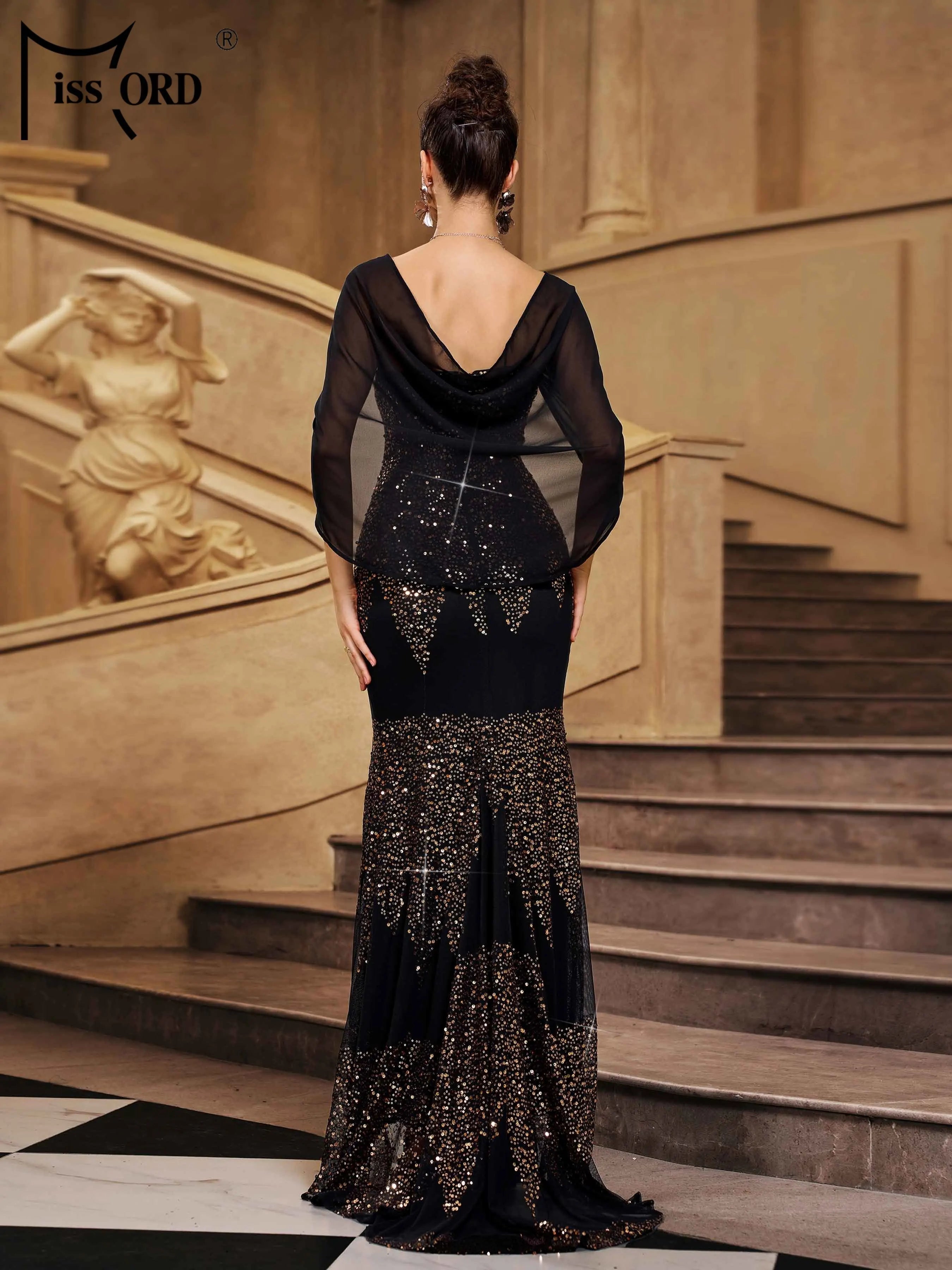 FZ Women's Sequin Bat Sleeves Split Black Evening Dress