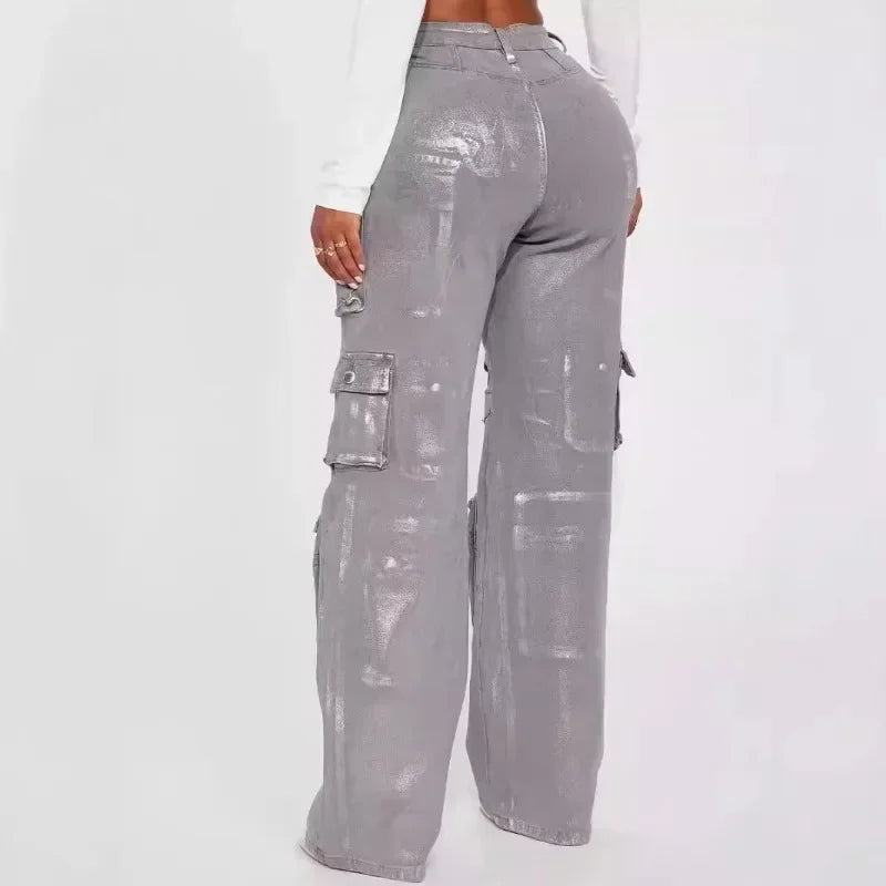 FZ Women's Silver Metallic Gilding Y2K High Waist Multi Pockets Cargo Pants