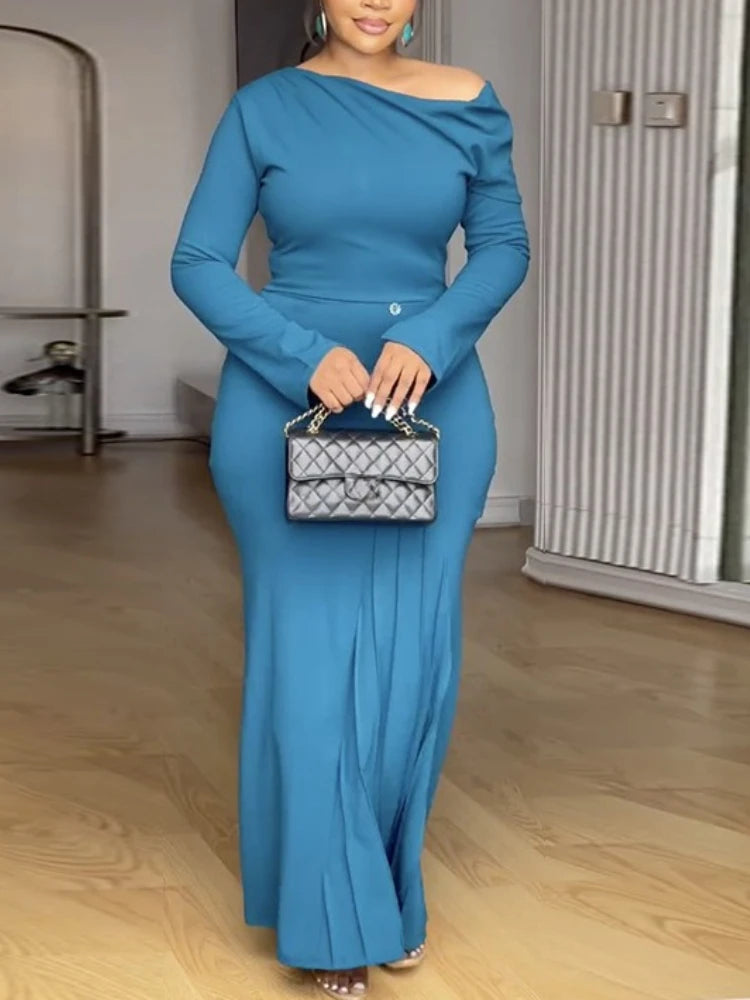 FZ Women's One Shoulder Long Sleeve Front Button Detail  Maxi Evening Dress