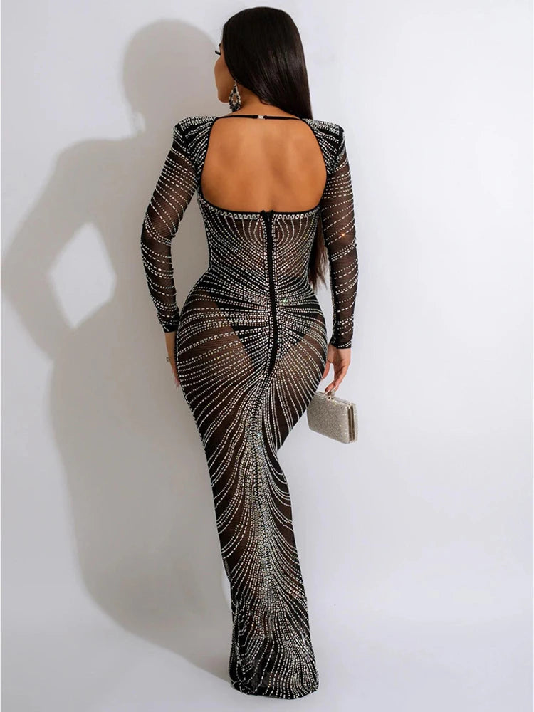 FZ Women's Sexy Sheer Mesh Rhinestone Crystal Maxi See Through Evening Dress - FZwear