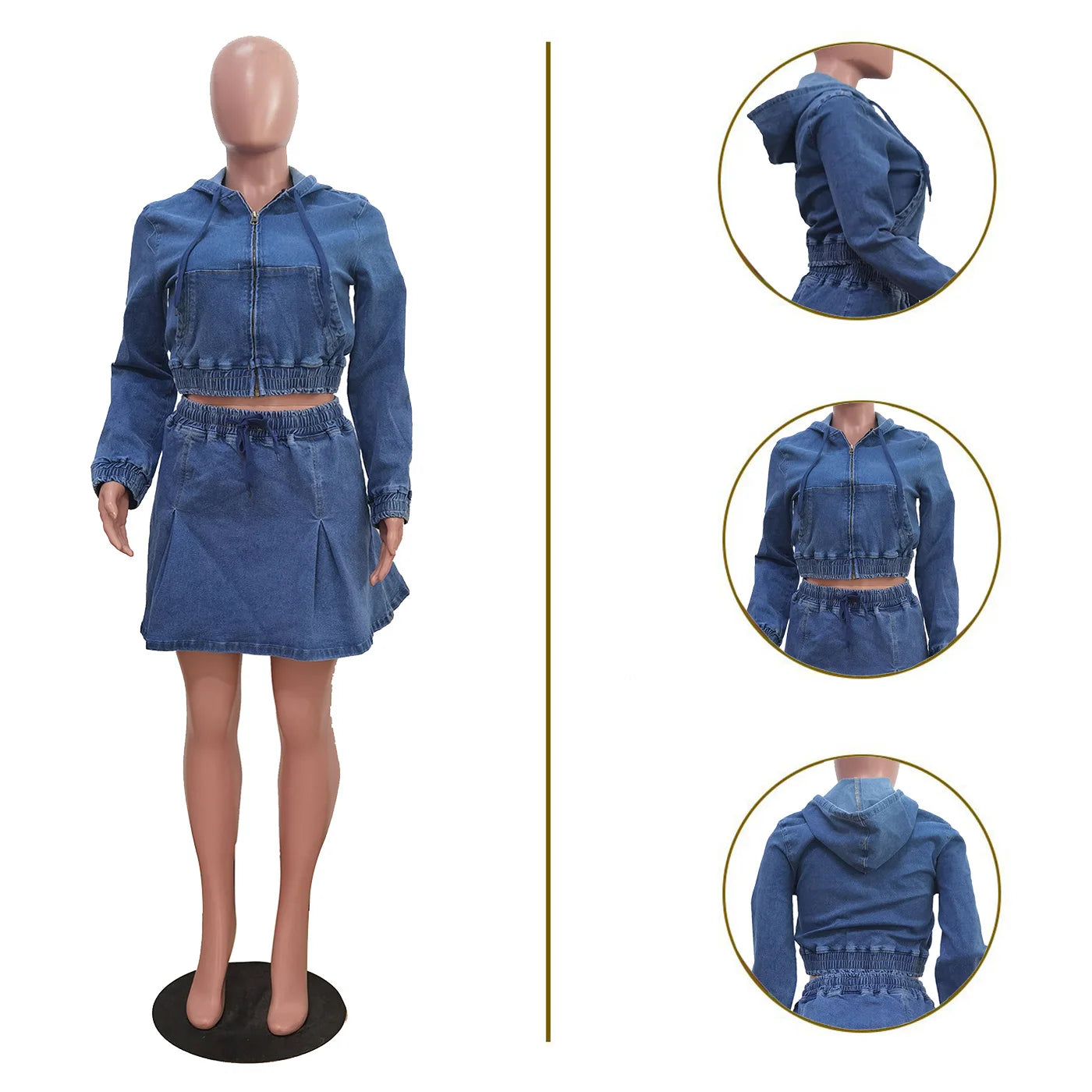FZ Women's Long Sleeve Hooded Pleated Two Piece Denim Skirt Suit