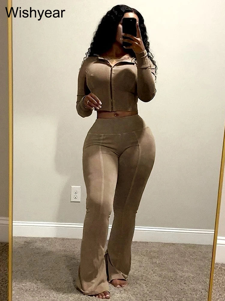 FZ Women's Sportswear Wash Retro Two 2 Piece Flared Pants Suit