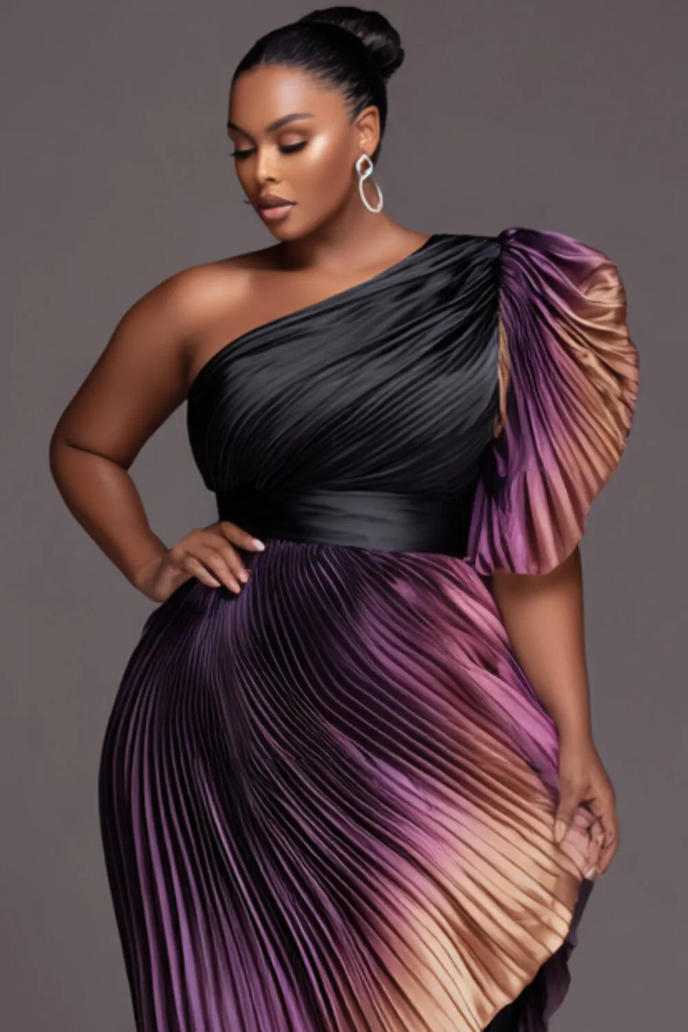 FZ Women's Plus Size One Shoulder Short Sleeve Pleated Asymmetric Hem Midi Dress