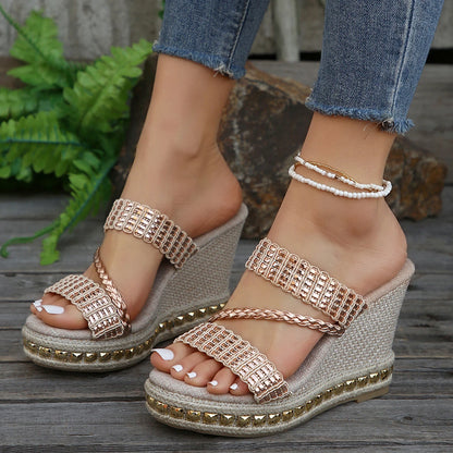 FZ Women's Gold Weaving Wedge Rivet Decoration Chunky Platform Sandals - FZwear