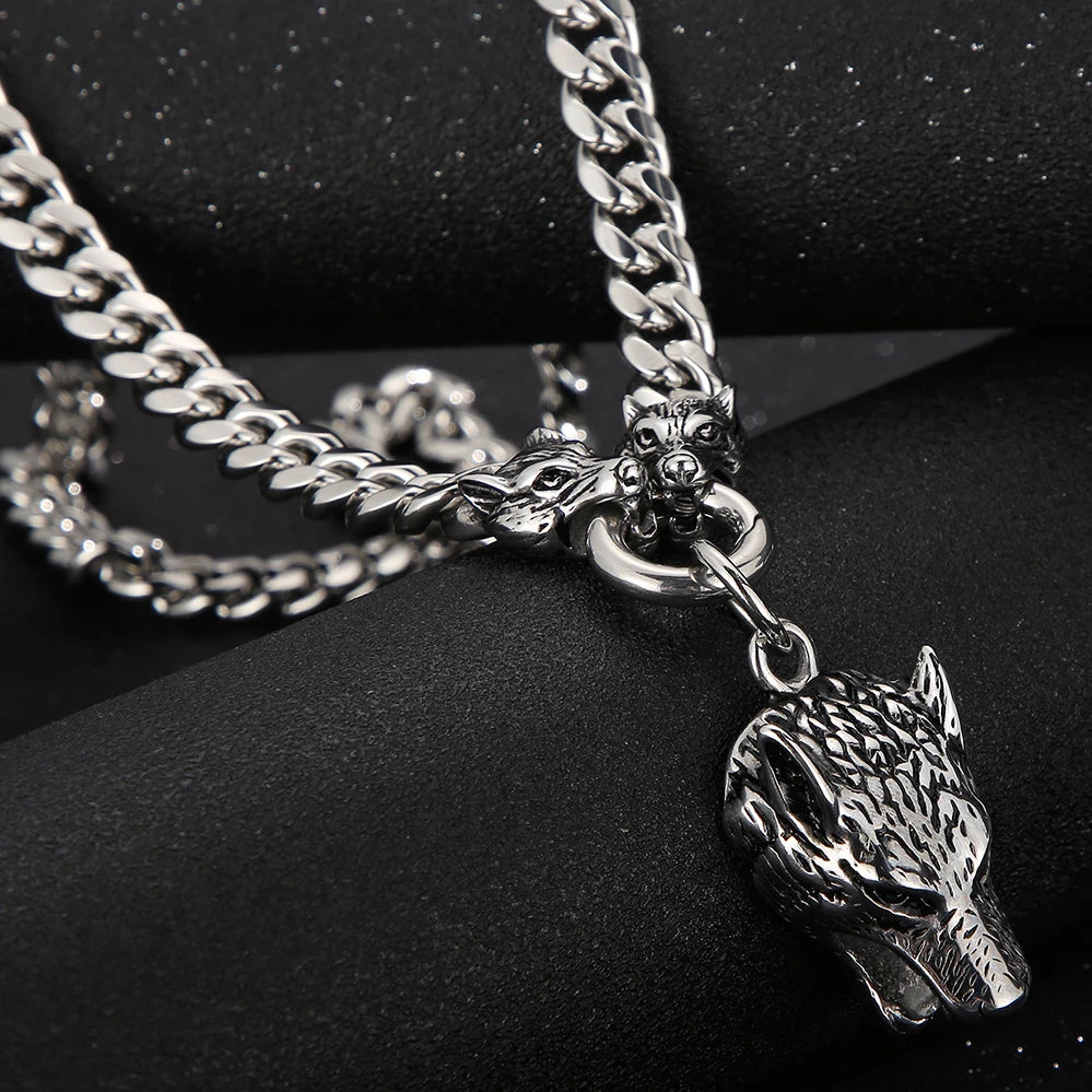 FZ Wolf Head 316L Stainless Steel Cuban Link Pendant Necklace