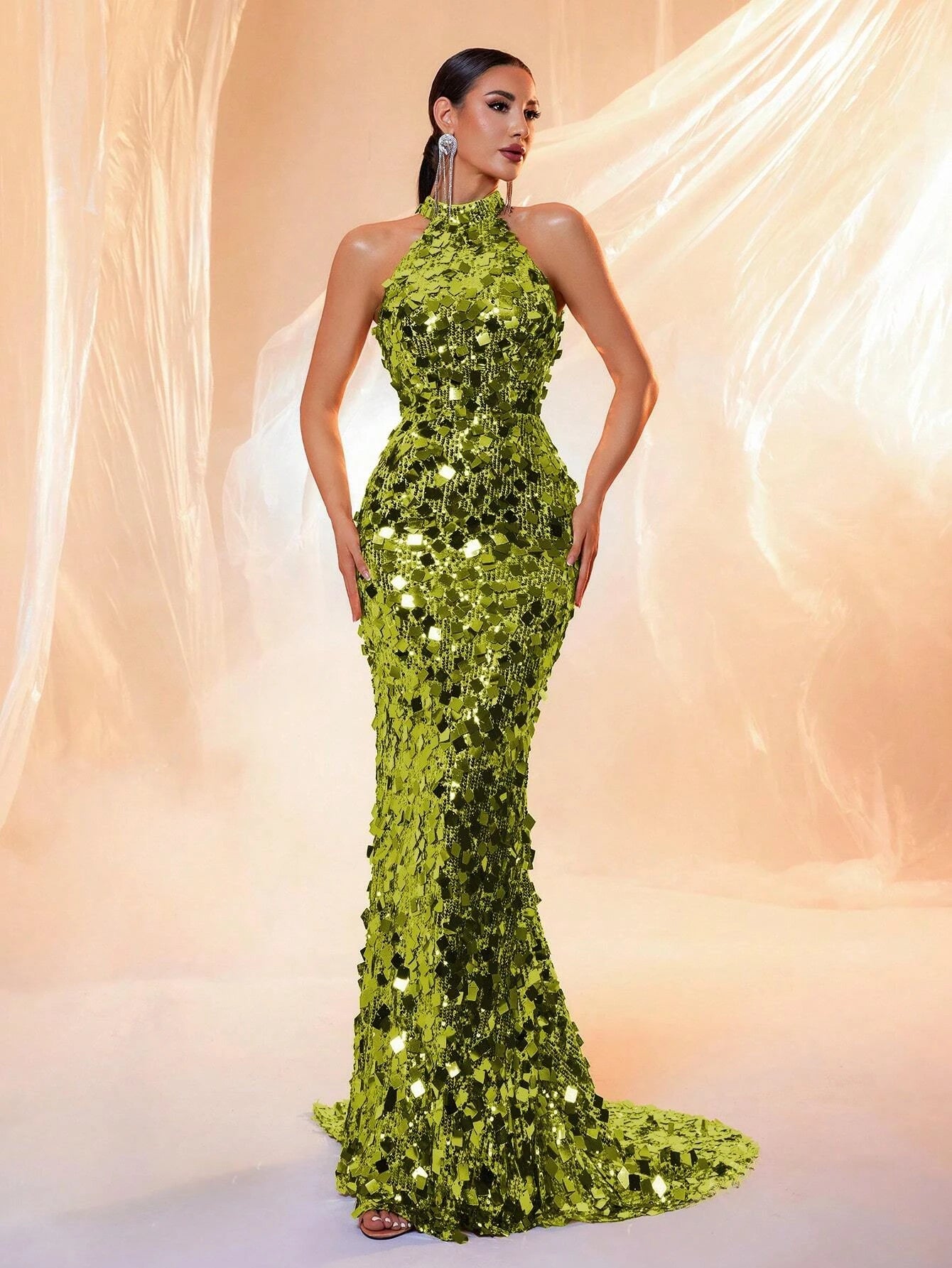 FZ Women's Halter Neck Sequin Backless Maxi Evening Dress