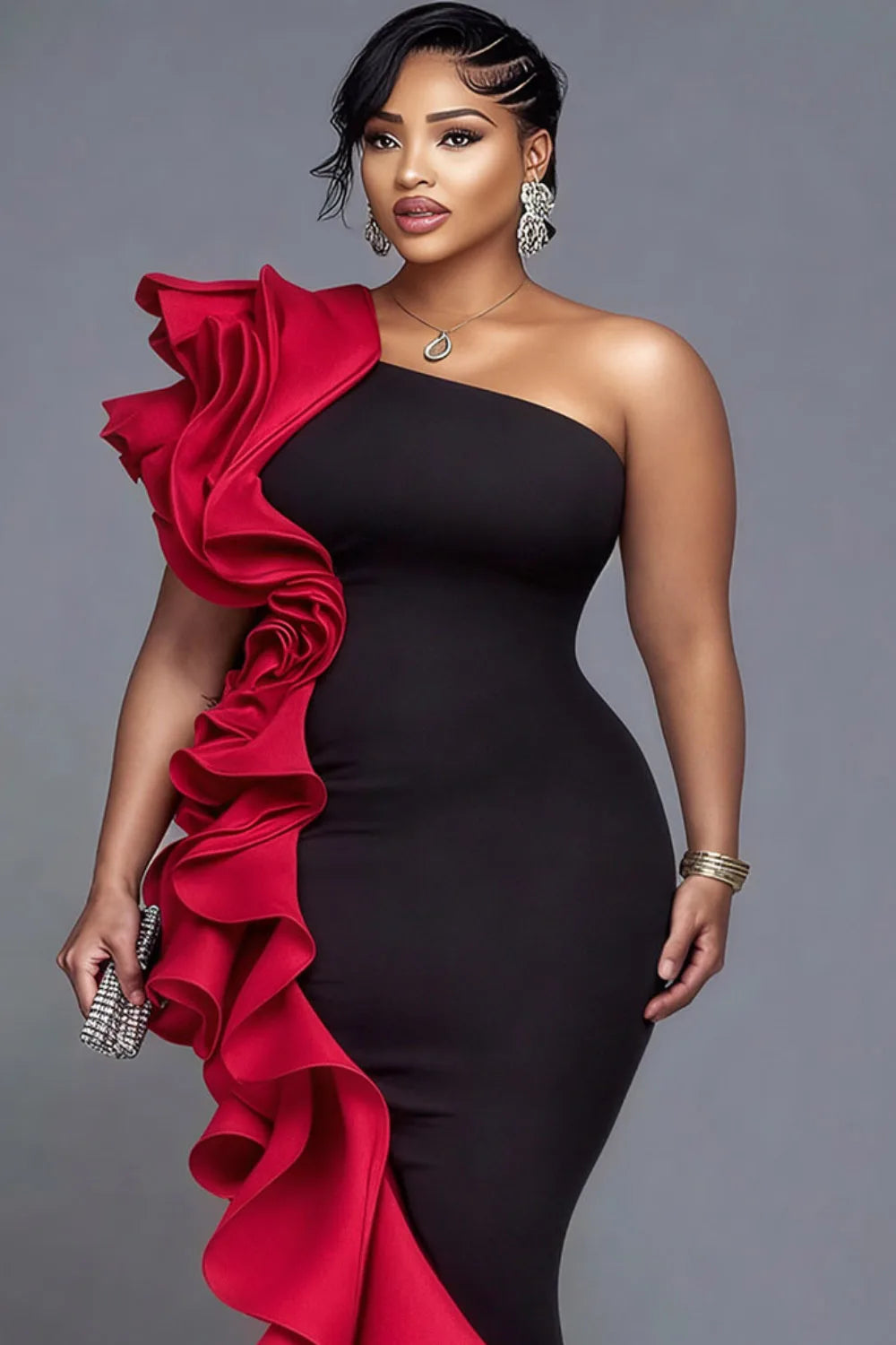 FZ Women's Plus Size Formal One Shoulder Ruffle Maxi Dress