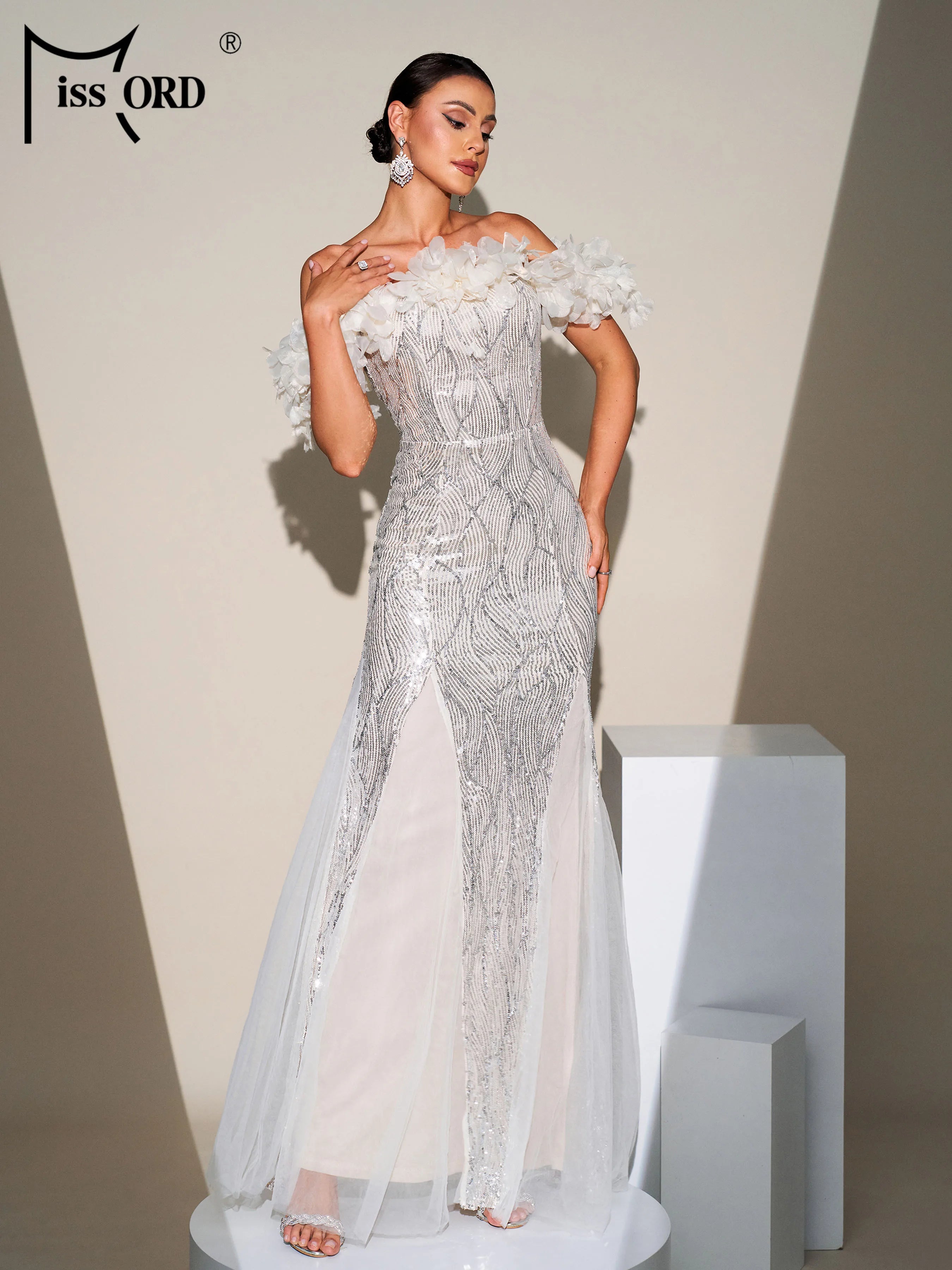 FZ Women's Off Shoulder Sequin Mermaid Evening Dress