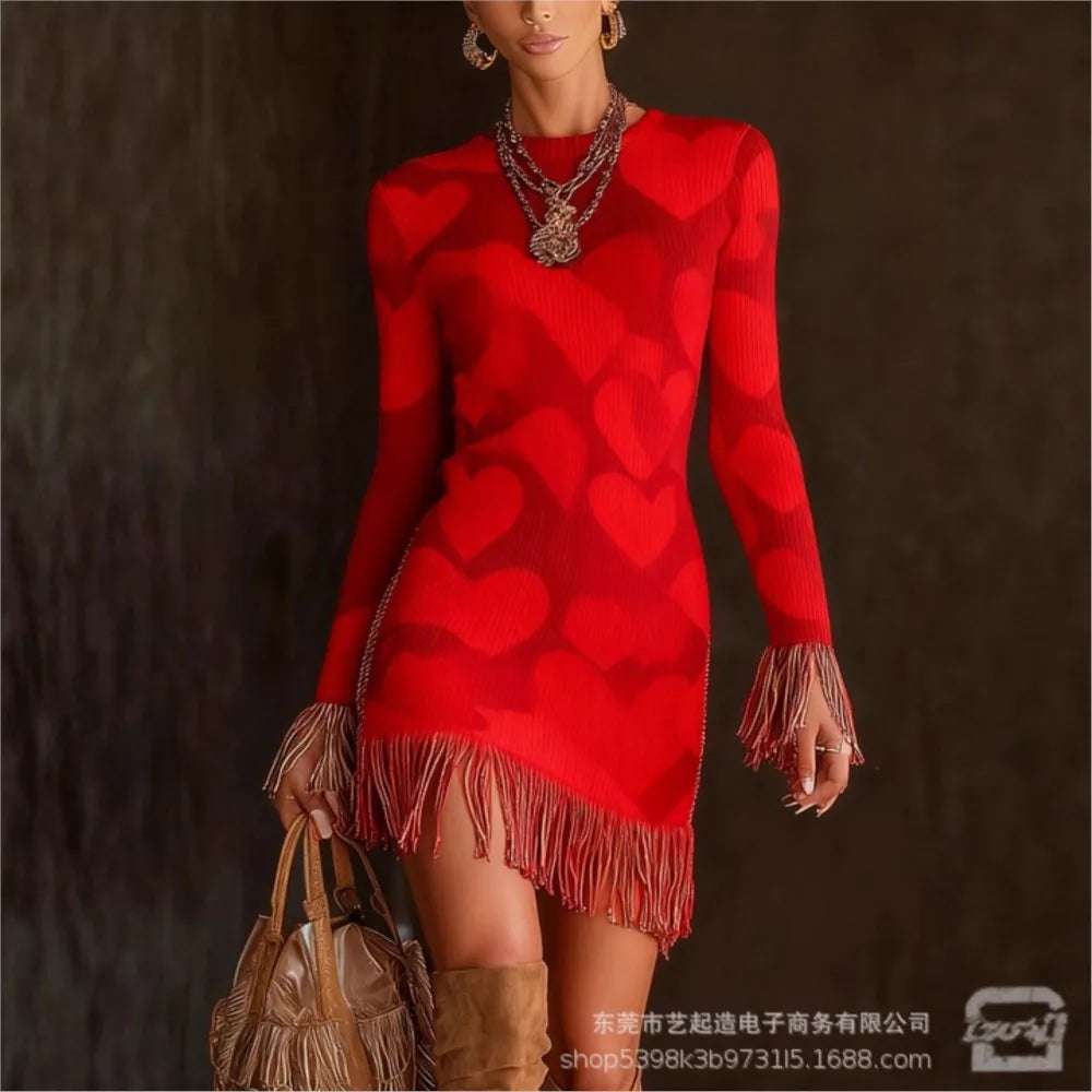 FZ Women's Retro Print Tassel Slim Fit O Neck  Mini Knitted Sweater Dress