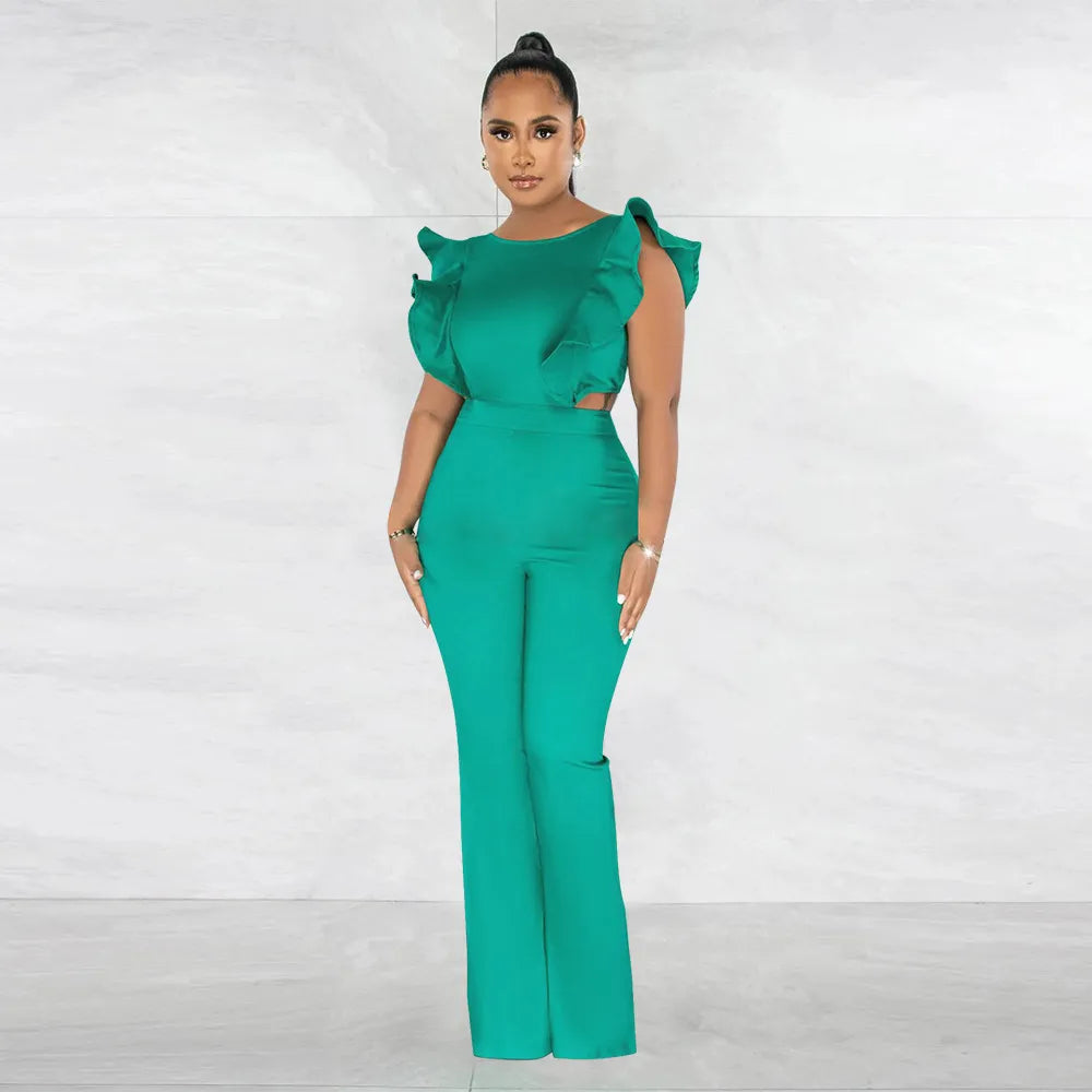 FZ Women's Ruffles Shoulder Cutout Waist High Slit Straight Wide Leg Jumpsuit - FZwear