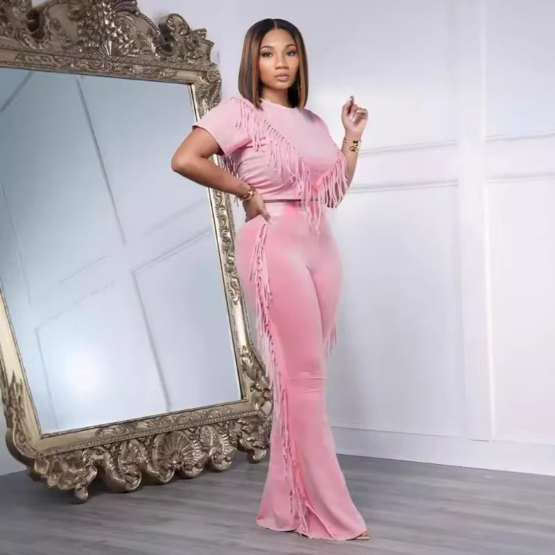 FZ Women's Solid Tassel 2 Piece High Waist Streetwear Flare Pants Suit