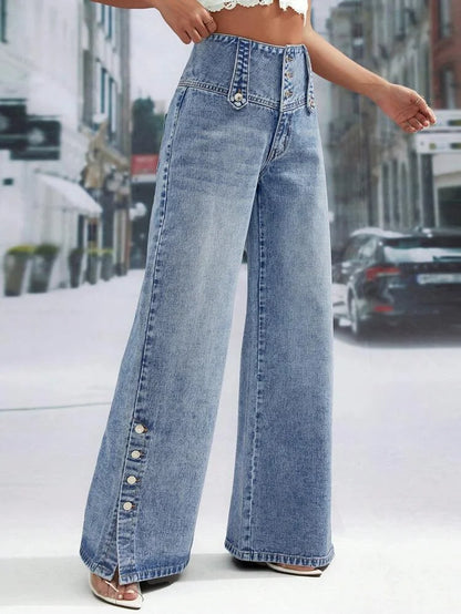 FZ Women's Plus Size Spliced Button Straight Wide Leg High Waist Vintage Denim Pants DSers