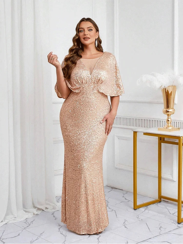 FZ Women's Plus Size V-neck floor-length Half-Sleeve  Evening Dress