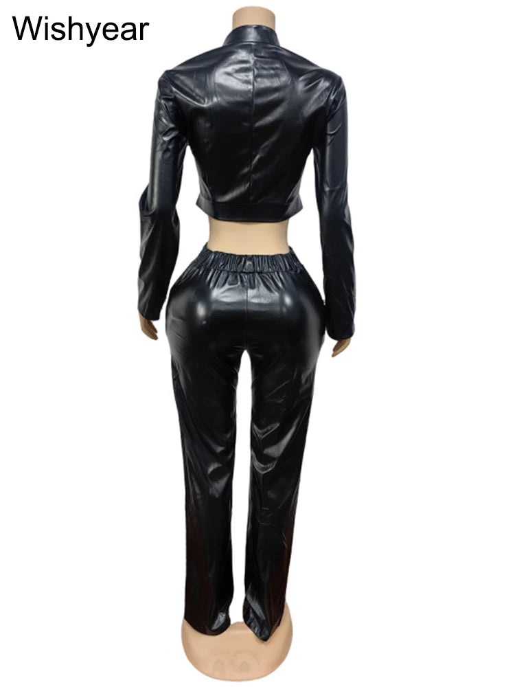 FZ Women's Stretch PU Leather 2 Pieces Long Sleeves Zipper Pants Suit