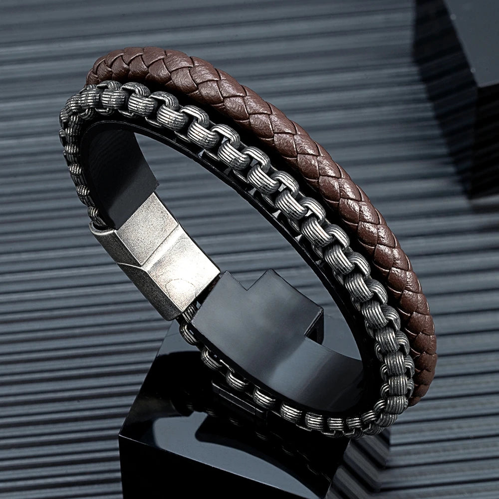 FZ Punk Rock Chain Stainless Steel Magnet Button Leather Bracelet
