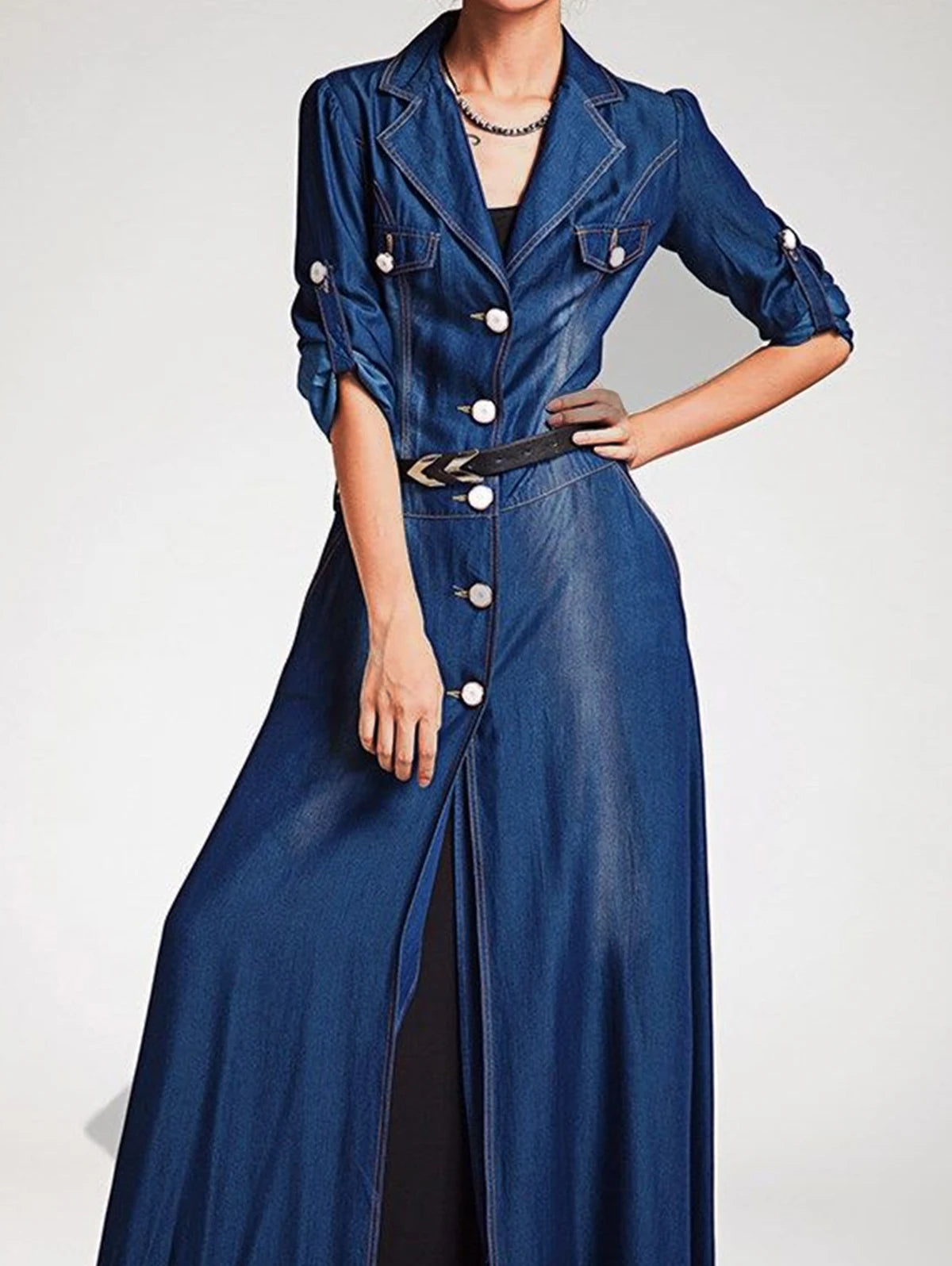 FZ Women's  Single Breasted Slim Vintage Lapel Collar Maxi Denim Dress