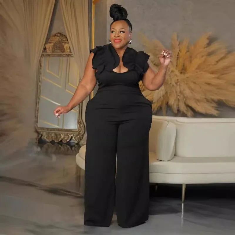 FZ Women's Plus Size V-Neck Sleeveless Wide Leg Streetwear One Piece Jumpsuit