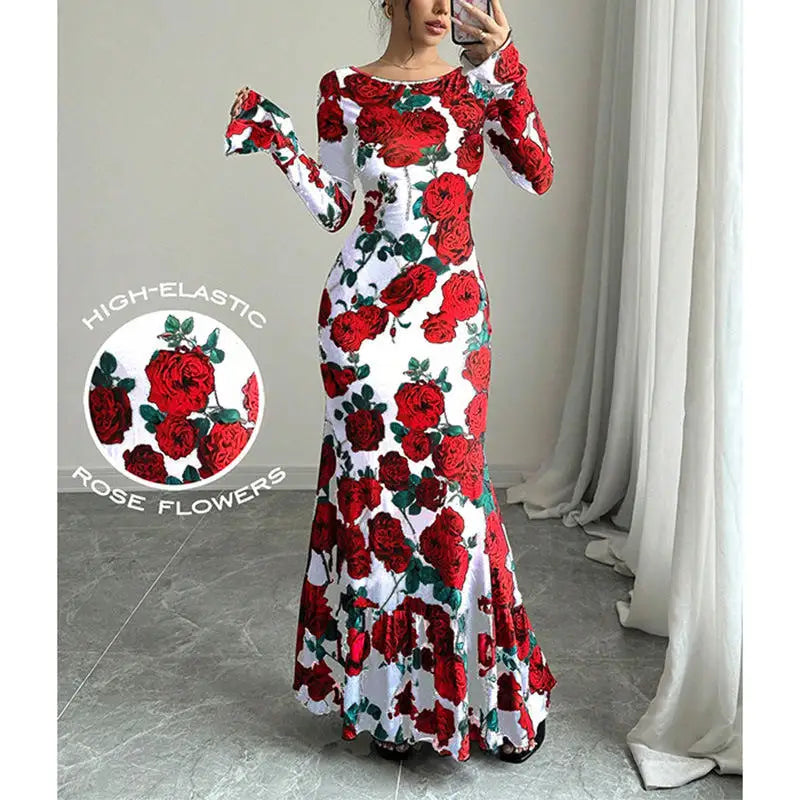 FZ Women's Rose Printed O Neck Long Sleeves Fishtail Maxi Dress