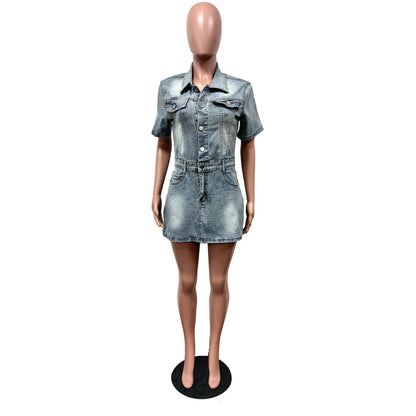 FZ Women's Short Sleeve Lapel Mid-Waist Solid Color Denim Dress