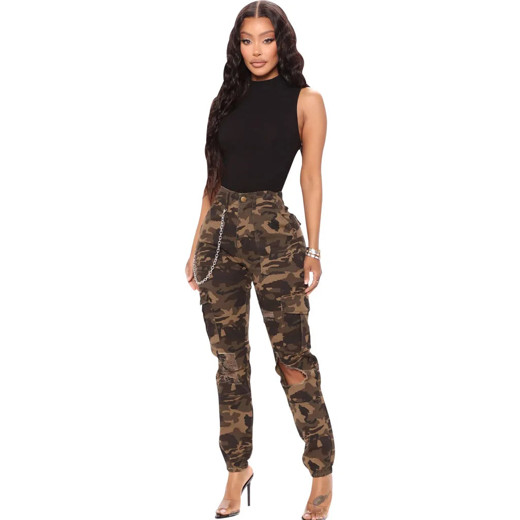 FZ Women's Hollow Out Ripped High Waist Stretch Camouflage Denim Pants