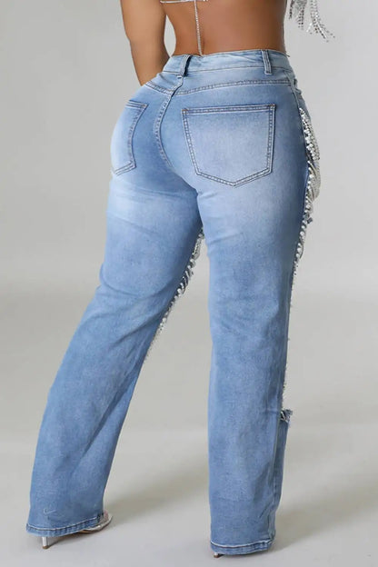 FZ Women's Plus Size Pearls Vintage Cutout High Waist Slim Denim Pants - FZwear