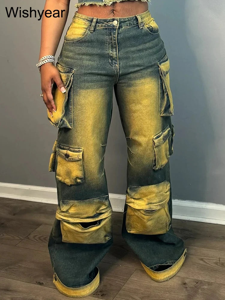 FZ Women's Retro Fashion Tie-dye Wide Leg Washed Mid Waist Denim Pants