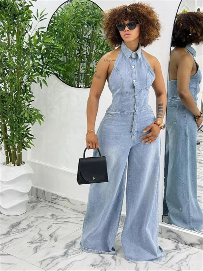 FZ Women's Streetwear Sleeveless Backless One Piece Denim Jumpsuit