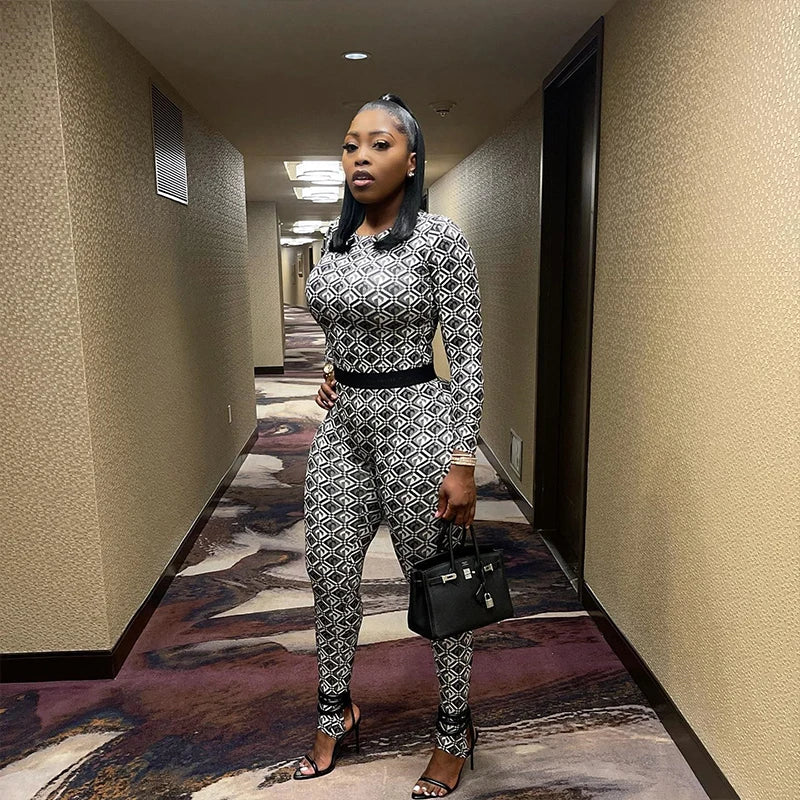 FZ Women's Digital Print Buttock Lifting Tight Long Sleeve Jumpsuit - FZwear