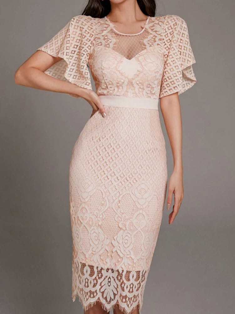 FZ Women's Temperament Lace Sheer O-Neck Slim Midi Evening Dress